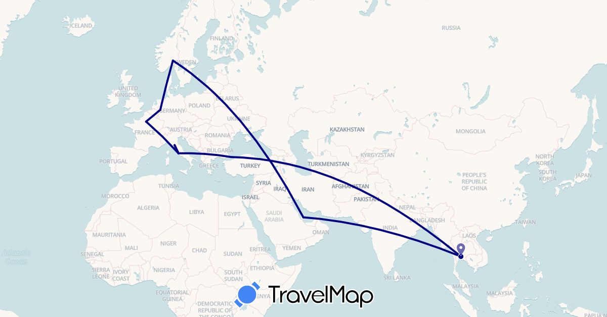 TravelMap itinerary: driving in Germany, France, Italy, Norway, Qatar, Thailand, Turkey (Asia, Europe)